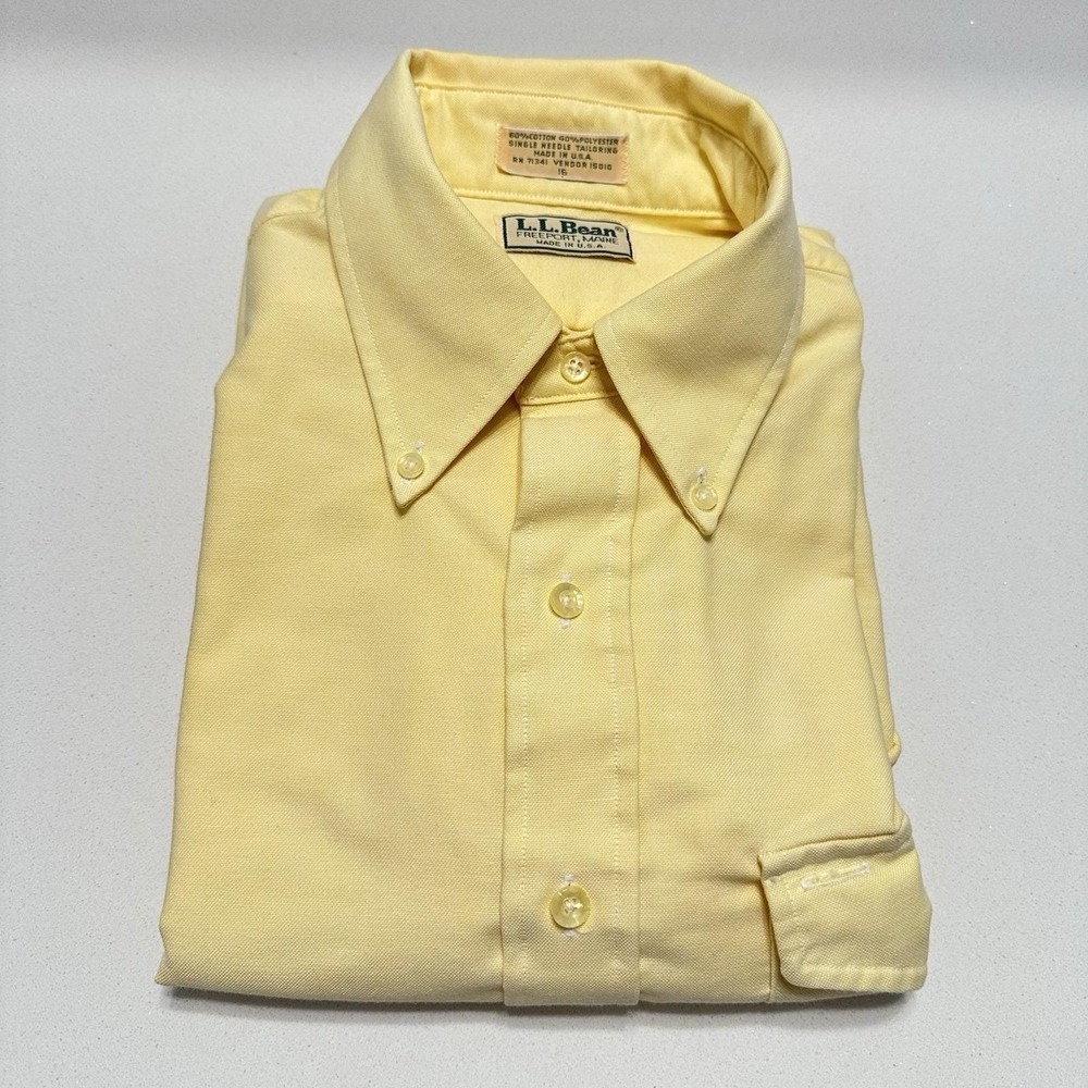 Vintage L.L . Bean Button-down Short Sleeve Yellow Cotton Poly Shirt USA Sz 15
